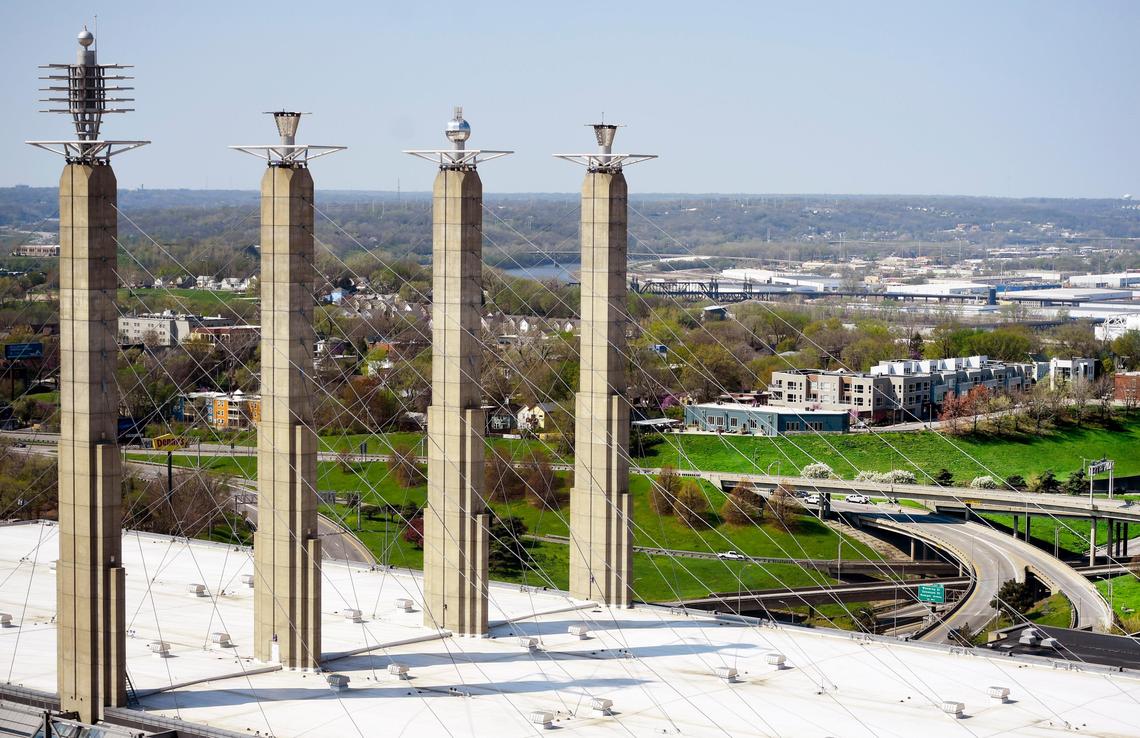 The Bartle Hall Sky Stations framed the skyline near Interstate 35 in April 2020.