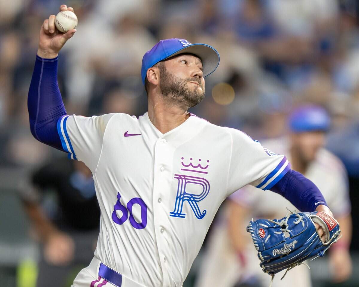 Wearing the Kansas City Royals' new "Forever Fountains" City Connect uniform, pitcher Lucas Erceg (60) throws in the sixth inning against the Houston Astros on Friday, June 12, 2026, at Kauffman Stadium in Kansas City.