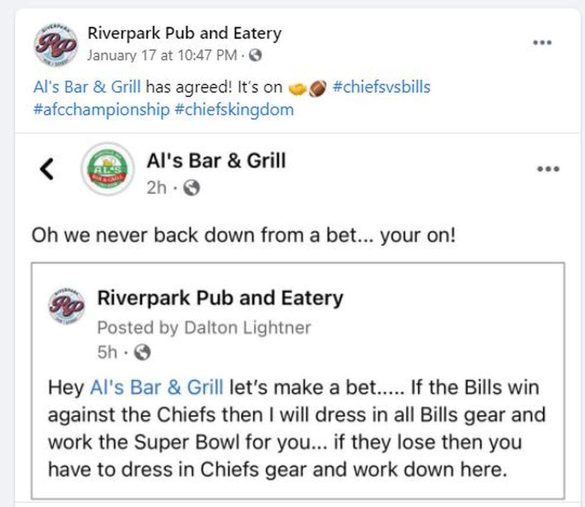 Via Facebook, Riverpark Pub and Eatery declared a wager with another Parkville bar, Al’s Bar & Grill, owned by a Buffalo native.