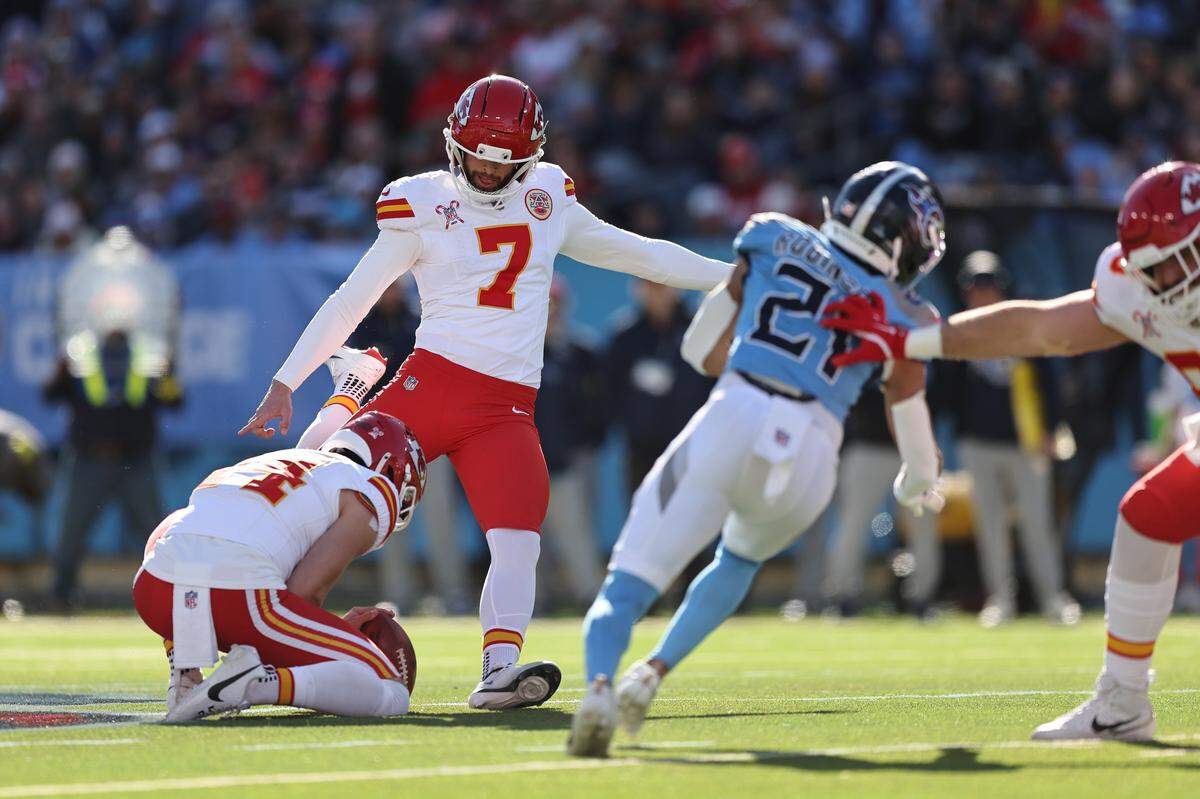 Kansas City Chiefs placekicker Harrison Butker boots a field goal during an NFL Week 16 game against the Titans at Nissan Stadium in Nashville, Tennessee on Sunday, Dec. 21, 2025.