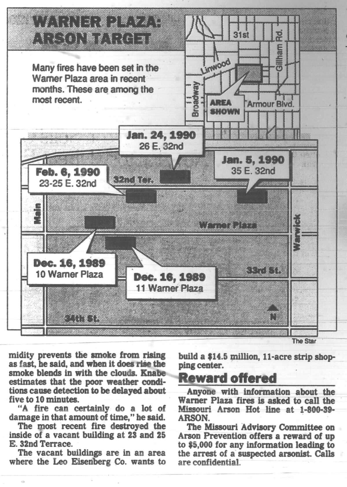 Fires destroyed much of Warner Plaza between December 1989 and February 1990. Between May and June 1990, the area saw an additional 13 arson fires.