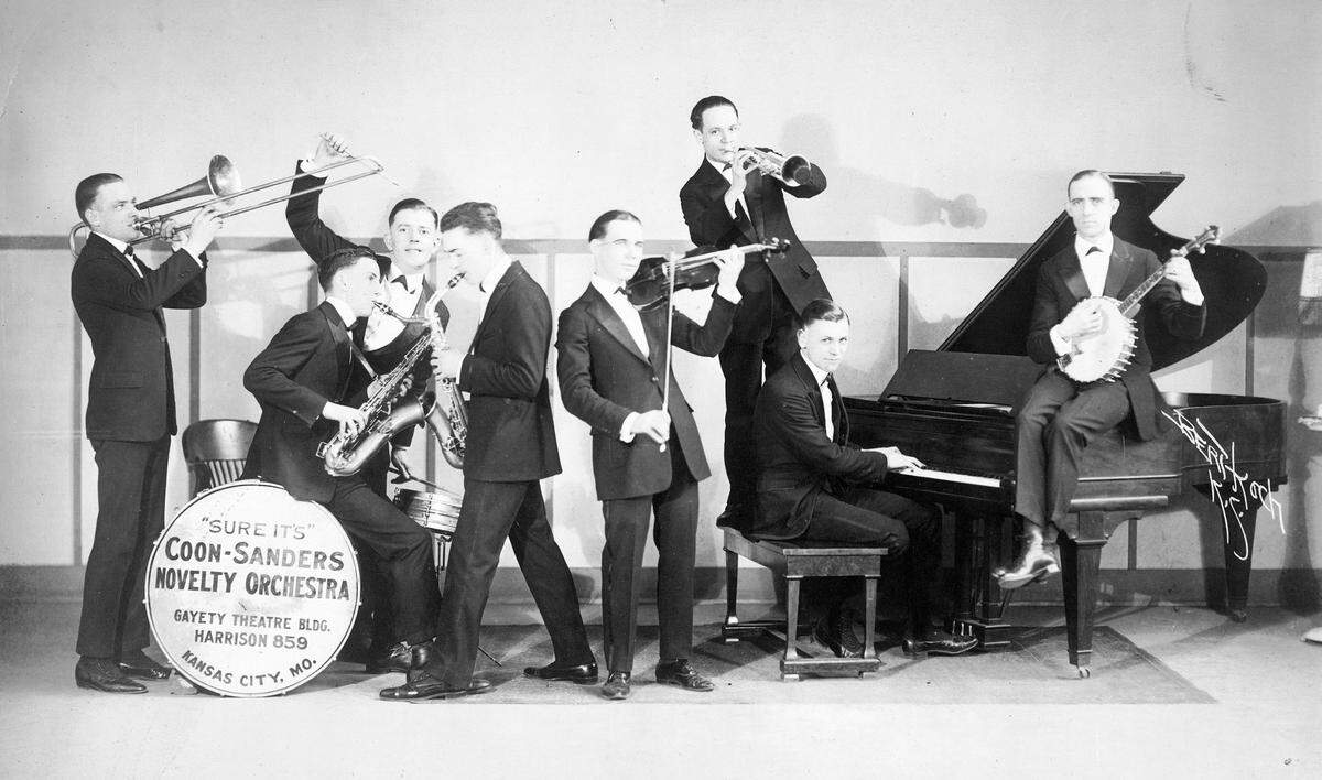 Most of America heard jazz from Kansas City for the first time over the clear channel radio waves of radio station WDAF. The Coon-Sanders Novelty Orchestra, shown here around 1920, was formed by Carleton Coon and Joe Sanders. The band eventually became known as the Coon-Sanders Nighthawks due to their late night radio broadcasts and enjoyed great success nationwide.