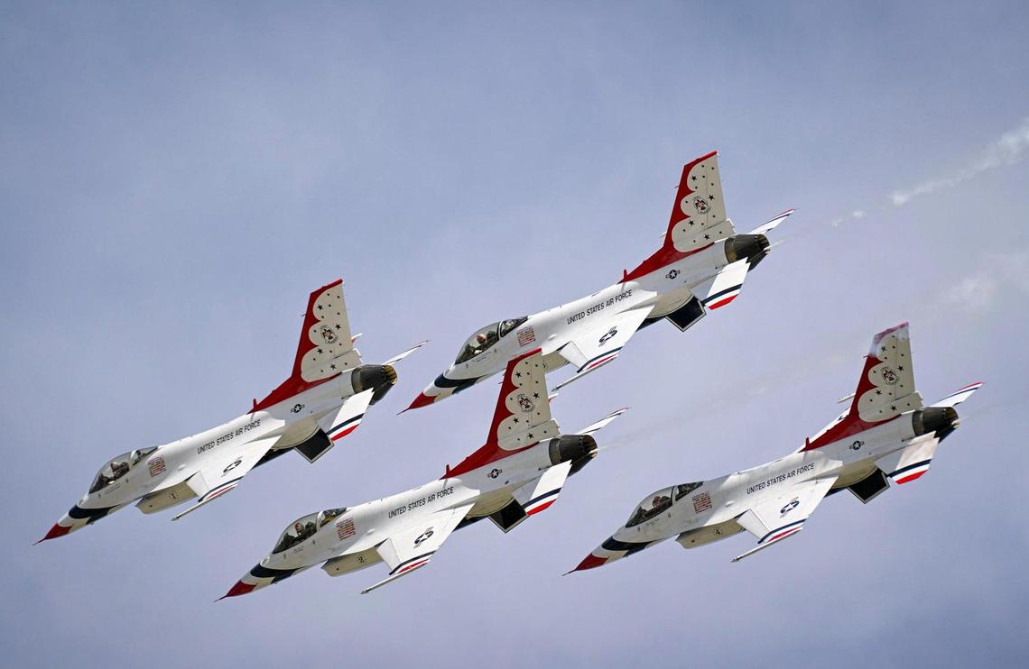 The U.S. Air Force Thunderbirds arrive from Las Vegas Thursday, Sept. 1, 2022, at the New Century AirCenter in Gardner, Kansas, for the Garmin KC Air Show, which runs Saturday and Sunday. The show features the Thunderbirds, who are on hand to celebrate the U.S. Air Force’s 75th anniversary, and their 69th anniversary. The elite flight squadron will fly in formation at speeds from 150 to 700 mph and at times will be only 18 inches apart.