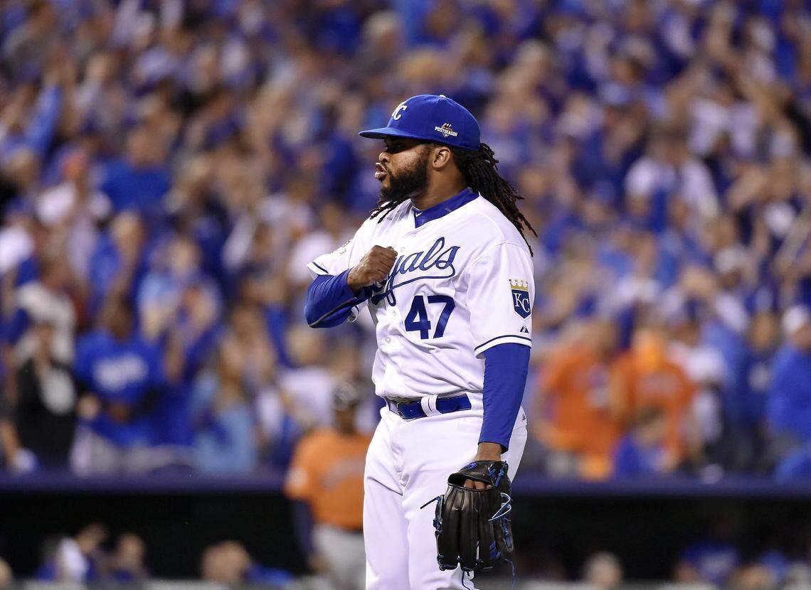 Kansas City Royals starting pitcher Johnny Cueto walks off the mound after finishing off the top of the sixth inning during Wednesday’s ALDS baseball game on October 14, 2015 at Kauffman Stadium in Kansas City, Mo.