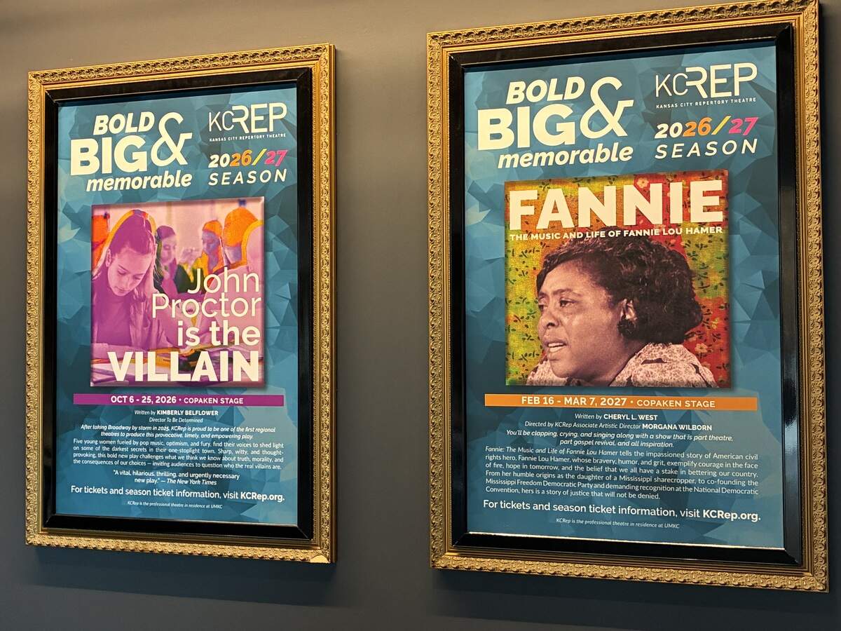 Posters inside the James C. Olson Performing Arts Center at UMKC announce upcoming shows by the KC Rep.