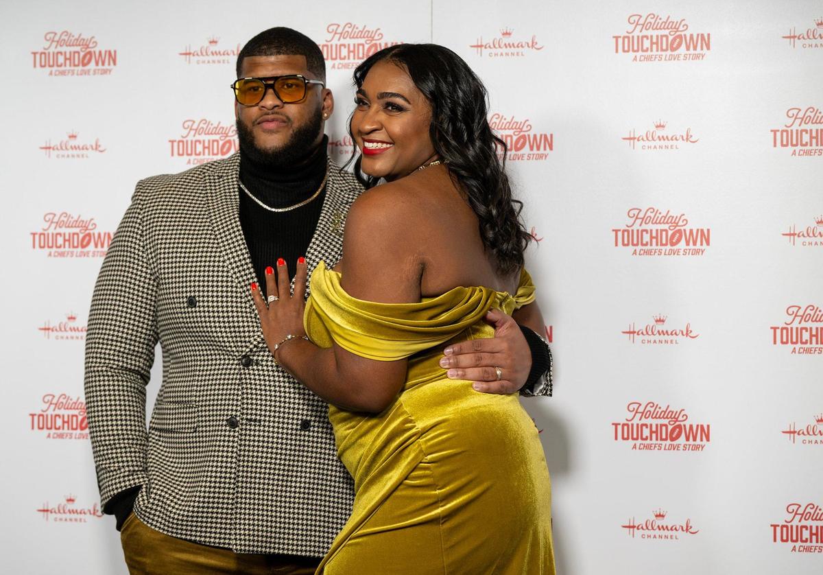 Steven Green and Jasmine Green attend the premiere screening of Hallmark’s “Holiday Touchdown: A Chief’s Love Story,” on Saturday, Nov. 30, 2024, at the Sheraton Kansas City Hotel at Crown Center.