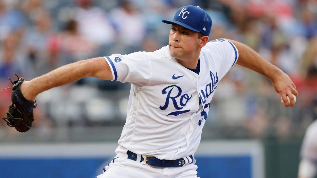 Kansas City Royals pitcher Kris Bubic delivers to a Texas Rangers batter during the first inning of a baseball game in Kansas City, Mo., Monday, June 27, 2022. (AP Photo/Colin E. Braley)