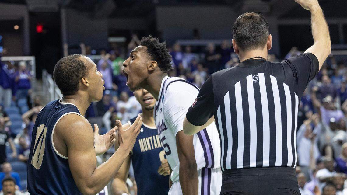 Kansas State’s Nae’Qwan Tomlin lets out a yell after Montana State committed an intentional foul during the second half of their first round NCAA Tournament game in Greensboro, NC on Friday night.