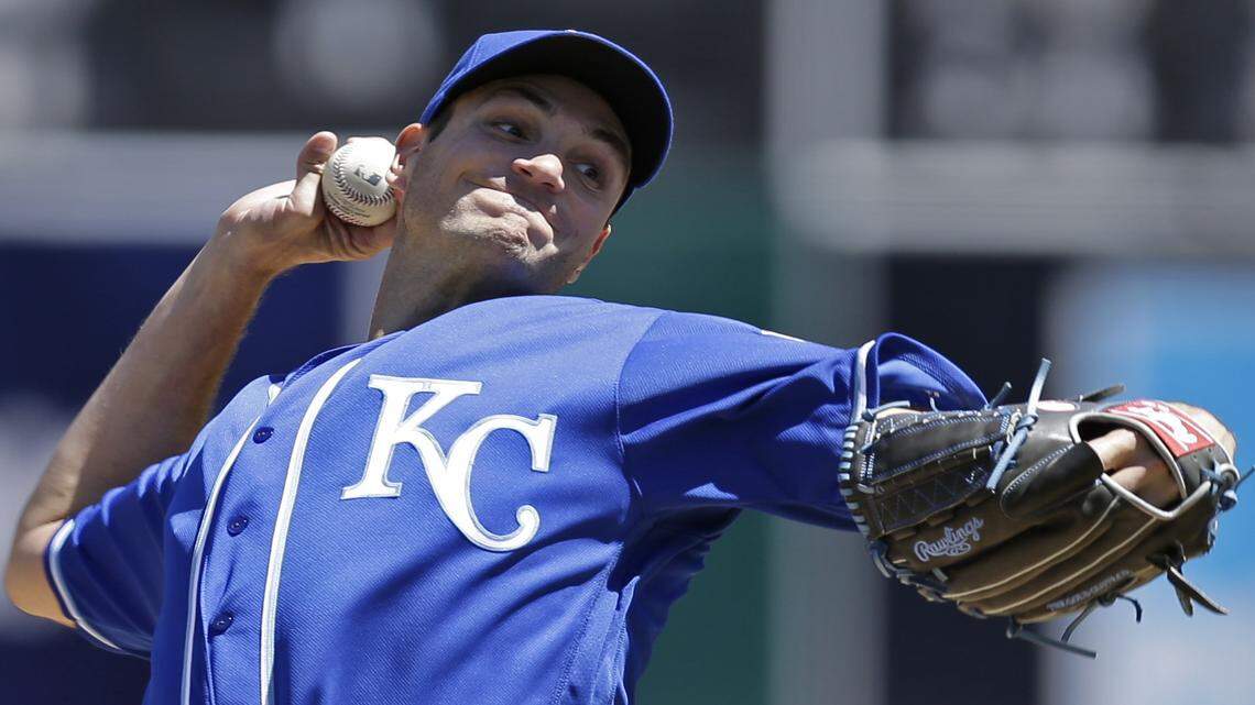 Kansas City Royals pitcher Chris Young works against the Oakland Athletics in the first inning of a baseball game Saturday, April 16, 2016, in Oakland, Calif. 