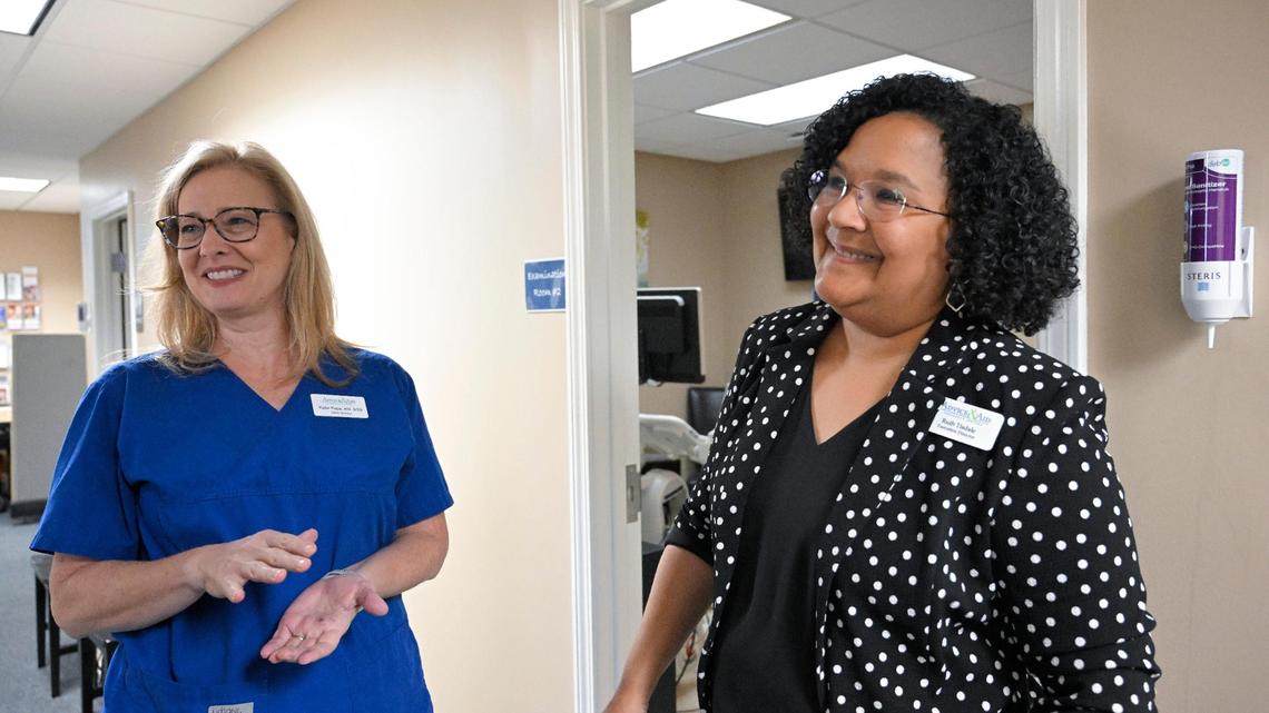Clinic director and registered nurse Katie Pope, left, and executive director Ruth Tisdale at Advice & Aid Pregnancy Centers. a pregnancy crisis center, in Overland Park, Kansas.