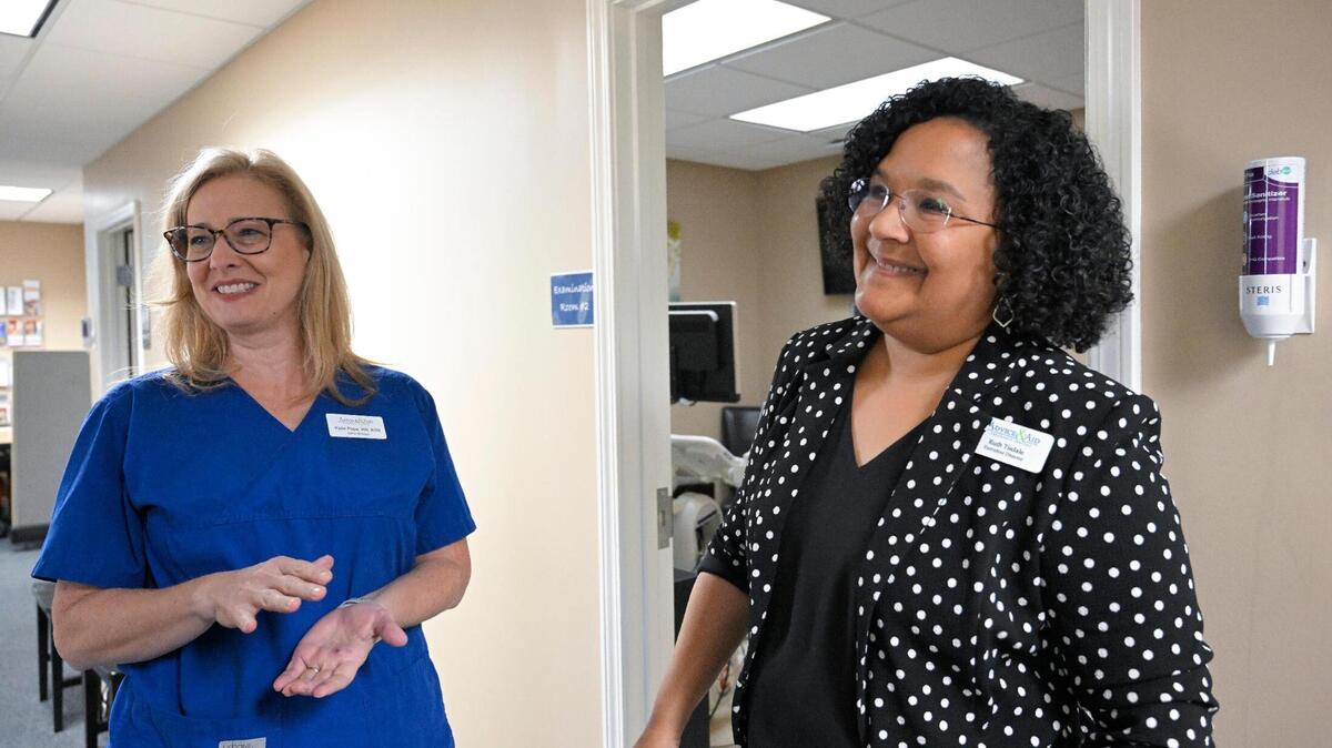 Clinic director and registered nurse Katie Pope, left, and executive director Ruth Tisdale at Advice & Aid Pregnancy Centers. a pregnancy crisis center, in Overland Park, Kansas.