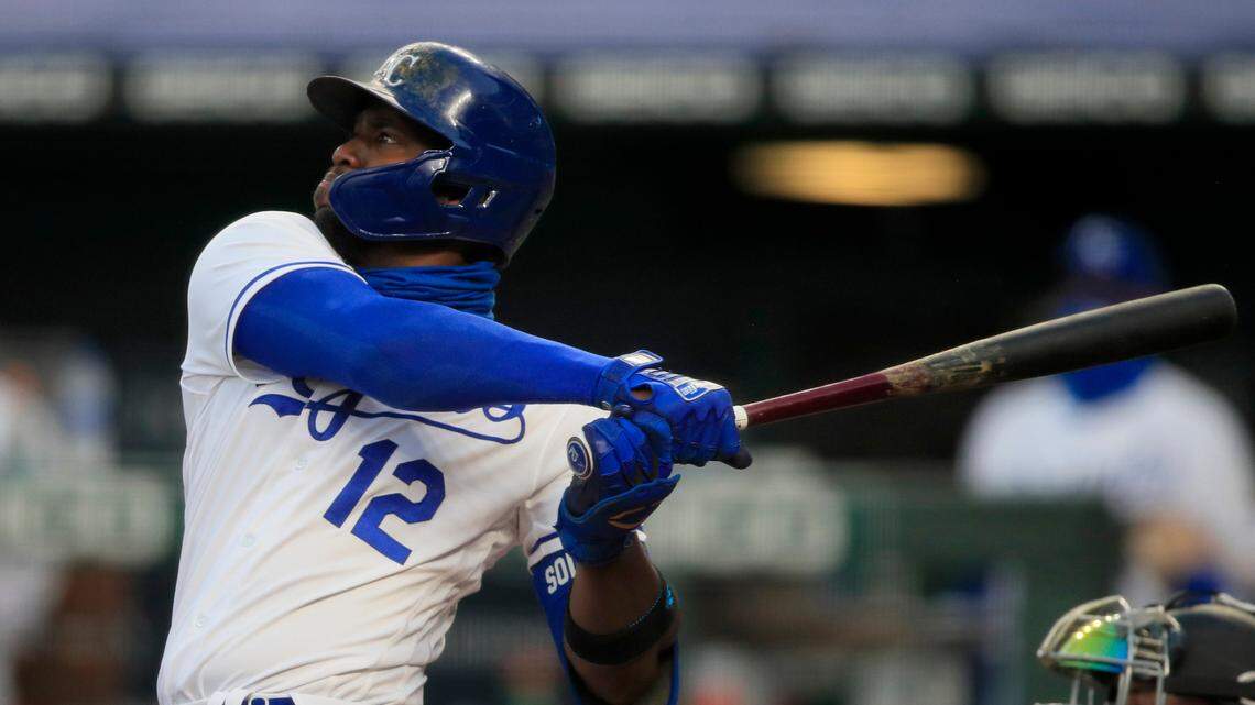 The Royals’ Jorge Soler hits a three-run home run during the fourth inning against the Minnesota Twins at Kauffman Stadium in Kansas City, Mo., Saturday, Aug. 8, 2020. (AP Photo/Orlin Wagner)