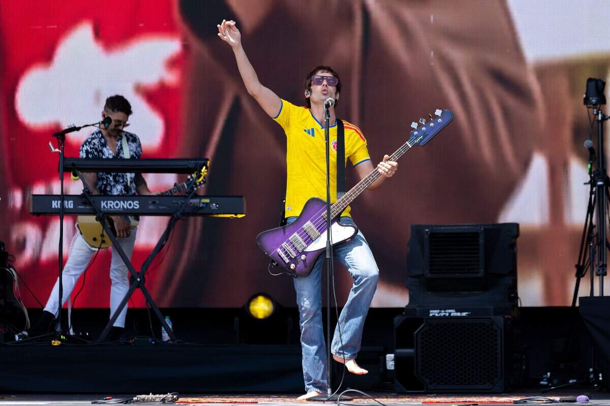 All American Rejects Lead Vocalist Tyson Ritter holds their arm in the air and stomps their foot during their FIFA Fan Fest concert at Fan Fest on Saturday, July 11, 2026.