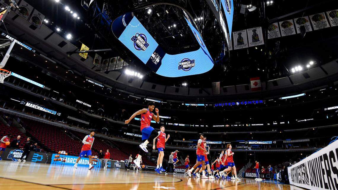 KU’s Ochai Agbaji, front, and the Jayhawks work out Thursday afternoon at the United Center in Chicago, where they will play Providence in a NCAA Tournament Sweet 16 game Friday night.