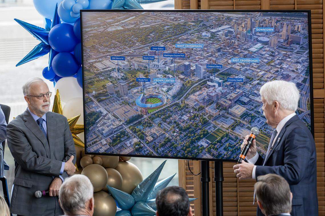 Donald J. Hall Jr., executive chairman and former CEO of Hallmark Cards, speaks alongside John Sherman, chairman and CEO of the Kansas City Royals, as they present a stadium rendering during a ceremony announcing the move to Crown Center on Wednesday, April 22, 2026, in Kansas City.