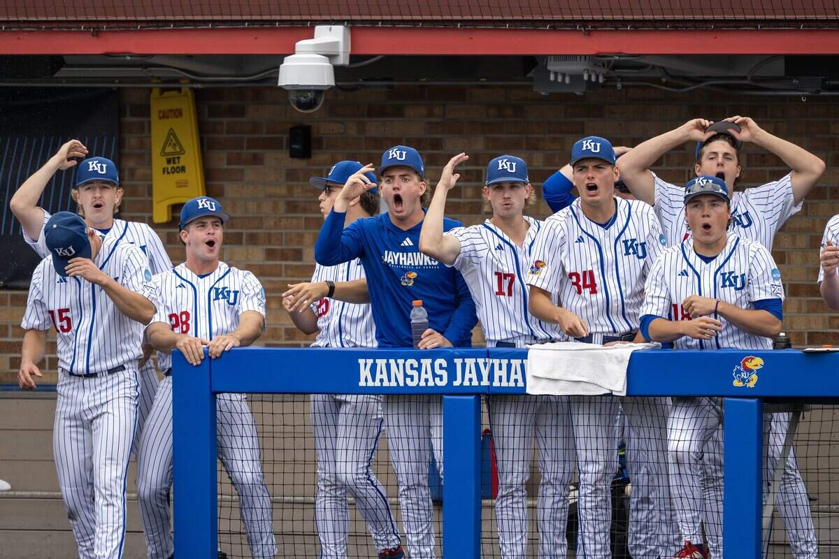 Kansas Jayhawks players react to a call during a game against the Oklahoma Sooners during the third inning of an NCAA baseball tournament game at Hoglund Ballparkon Saturday, June 6, 2026, in Lawrence.