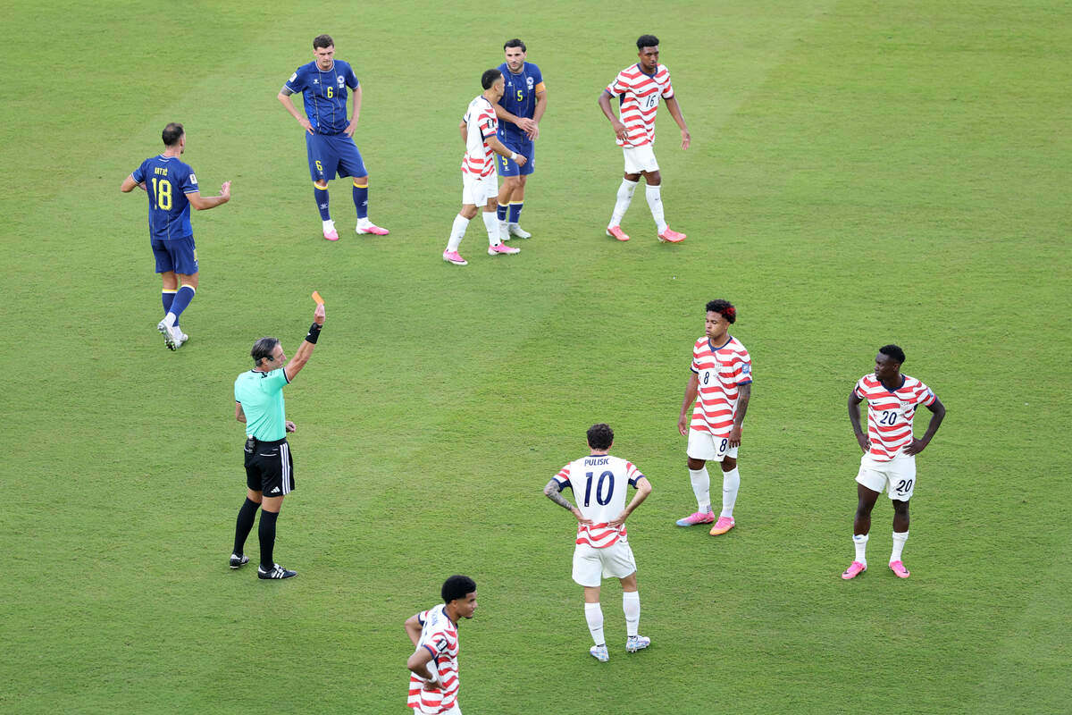 Referee Raphael Claus shows Folarin Balogun #20 of the United States a red card for a foul during the FIFA World Cup 2026 Round of 32 match between USA and Bosnia and Herzegovina at San Francisco Bay Area Stadium on July 1, 2026 in Santa Clara, California.