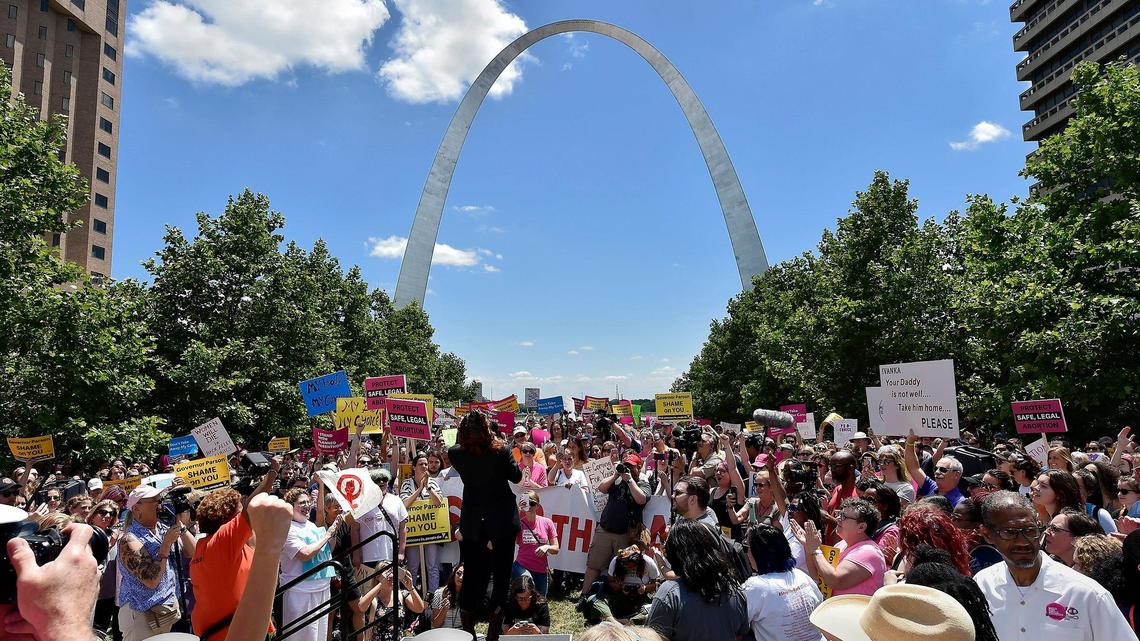 Protesters opposed to Missouri’s restrictive abortion law gathered at the St. Louis arch and marched to Gov. Mike Parson’s office in May 2019. The law has been blocked from going into effect but a federal appeals court could lift the injunction.