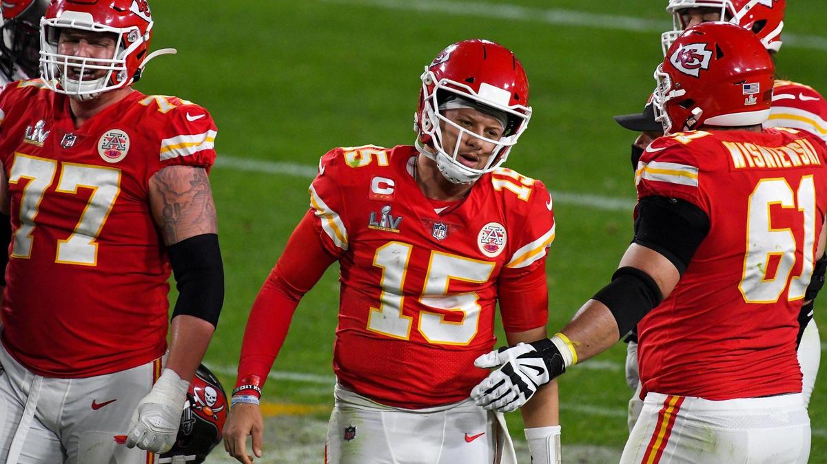 Kansas City Chiefs quarterback Patrick Mahomes gets up after taking a hit which resulted in a Tampa Bay roughing the passer penalty in the fourth quarter of the Kansas City Chiefs game against the Tampa Bay Buccaneers in Super Bowl LV at Raymond James Stadium in Tampa, Sunday, Feb. 7, 2021. The Buccaneers defeated the Chiefs 31-9.