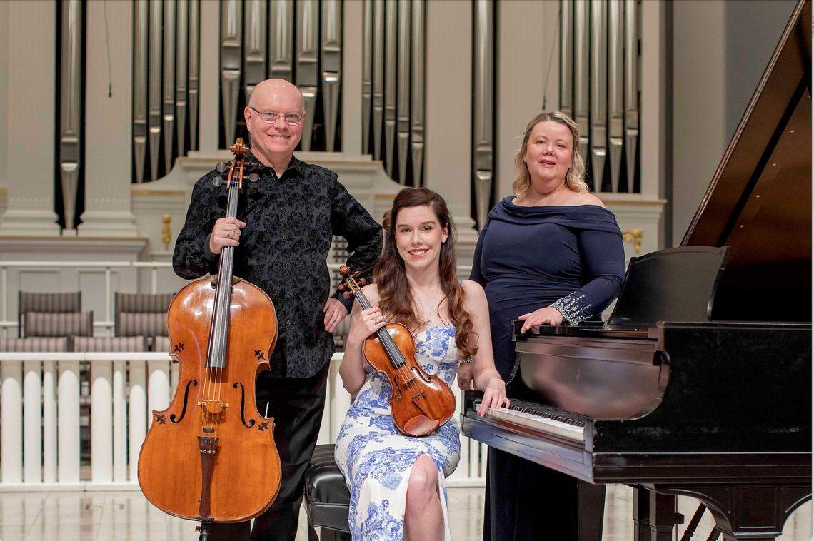From left, Michael Mermagen, cello, Destiny Ann Mermagen, violin, and Tatiana Tessman, piano, will appear multiple times in the church’s music season.