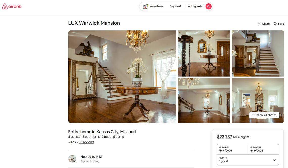 Airbnb listing for the “Warwick Mansion” currently lists its price during the 2026 FIFA World Cup in Kansas City at near $6,000 per night.