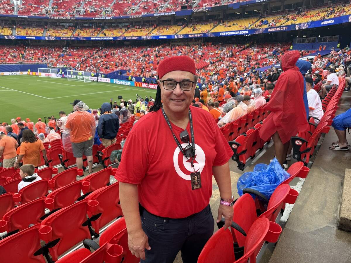 Nabel Elshaari supporting Tunisia as they take on the Netherlands in the FIFA World Cup June 25 at Kansas City Stadium in Kansas City, Missouri.