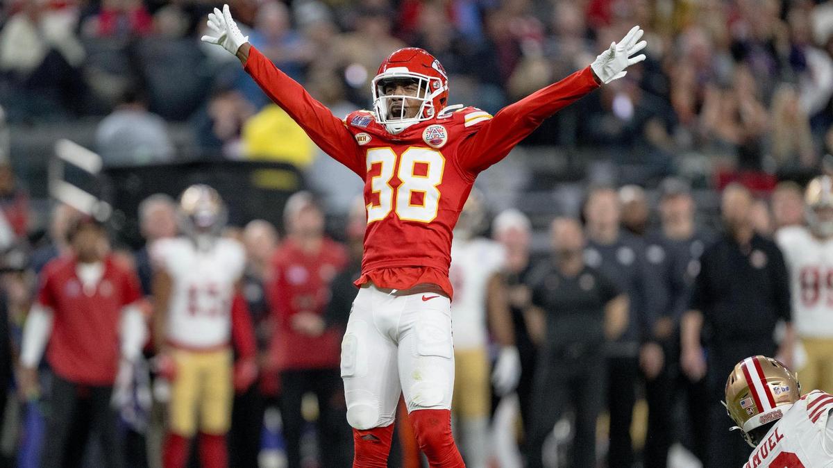 Kansas City Chiefs cornerback L’Jarius Sneed (38) celebrates a pass breakup against the San Francisco 49ers during Super Bowl LVIII on Sunday, Feb. 11, 2024, in Las Vegas.