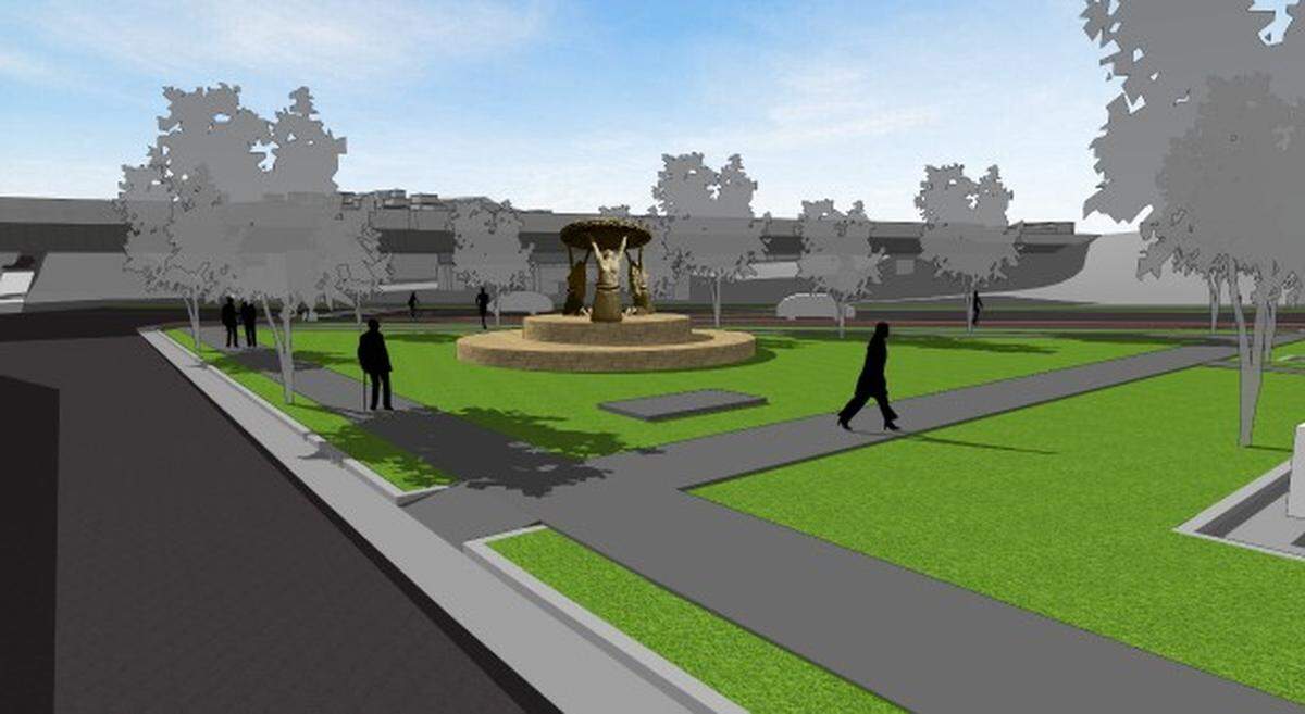 Rendering of the placement of Las Tarascas sculpture on a triangle of land where Southwest Boulevard meets W. 23rd Street and West Pennway.