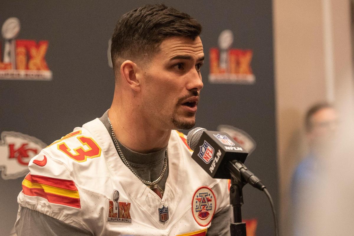 Kansas City Chiefs linebacker Drue Tranquill (23) takes questions from the press during a team media availability at New Orleans Marriott in New Orleans on Tuesday, Feb. 4, 2025.