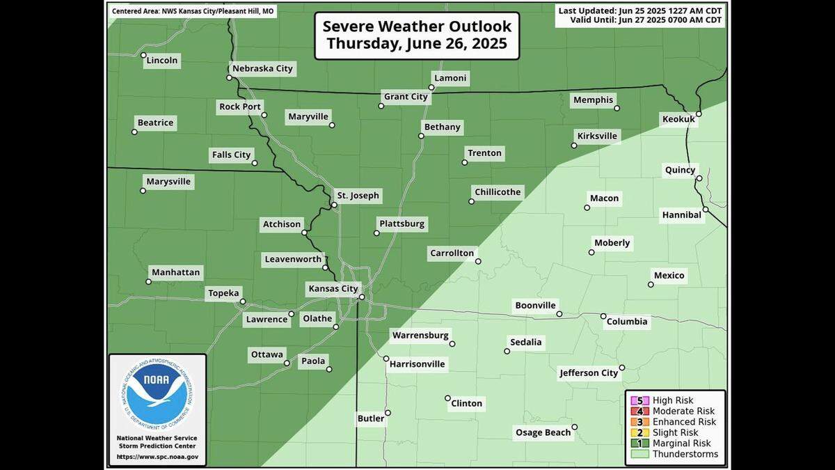 Marginally severe weather is possible in the Kansas City area Thursday afternoon, the National Weather Service Said. The primary threats will be damaging winds and localized flash flooding from heavy rainfall.