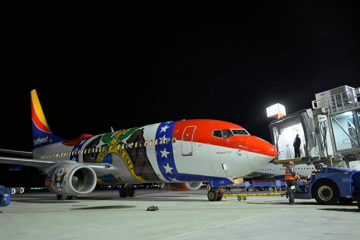 Southwest Airlines plane dubbed Missouri One was loaded at the gate at the new $1.5 billion single terminal at Kansas City International Airport opened to travelers Tuesday, Feb. 28, 2023. The flight headed to Chicago was the. first flight to depart the new terminal.
