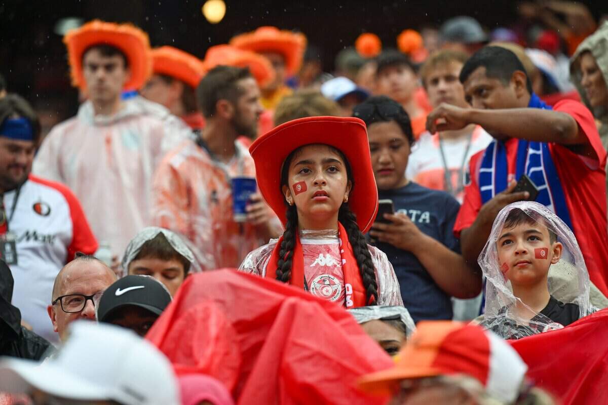 Tunisian fans wait for the start of the Netherlands vs. Tunisia FIFA World Cup group-stage soccer match at Kansas City (Arrowhead) Stadium in Kansas City on Thursday June 25, 2026.