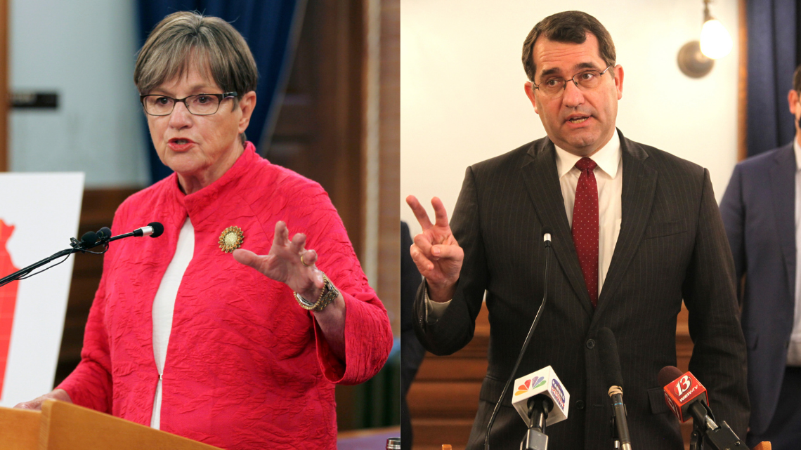 Kansas Gov. Laura Kelly, left, and Attorney General Derek Schmidt, right