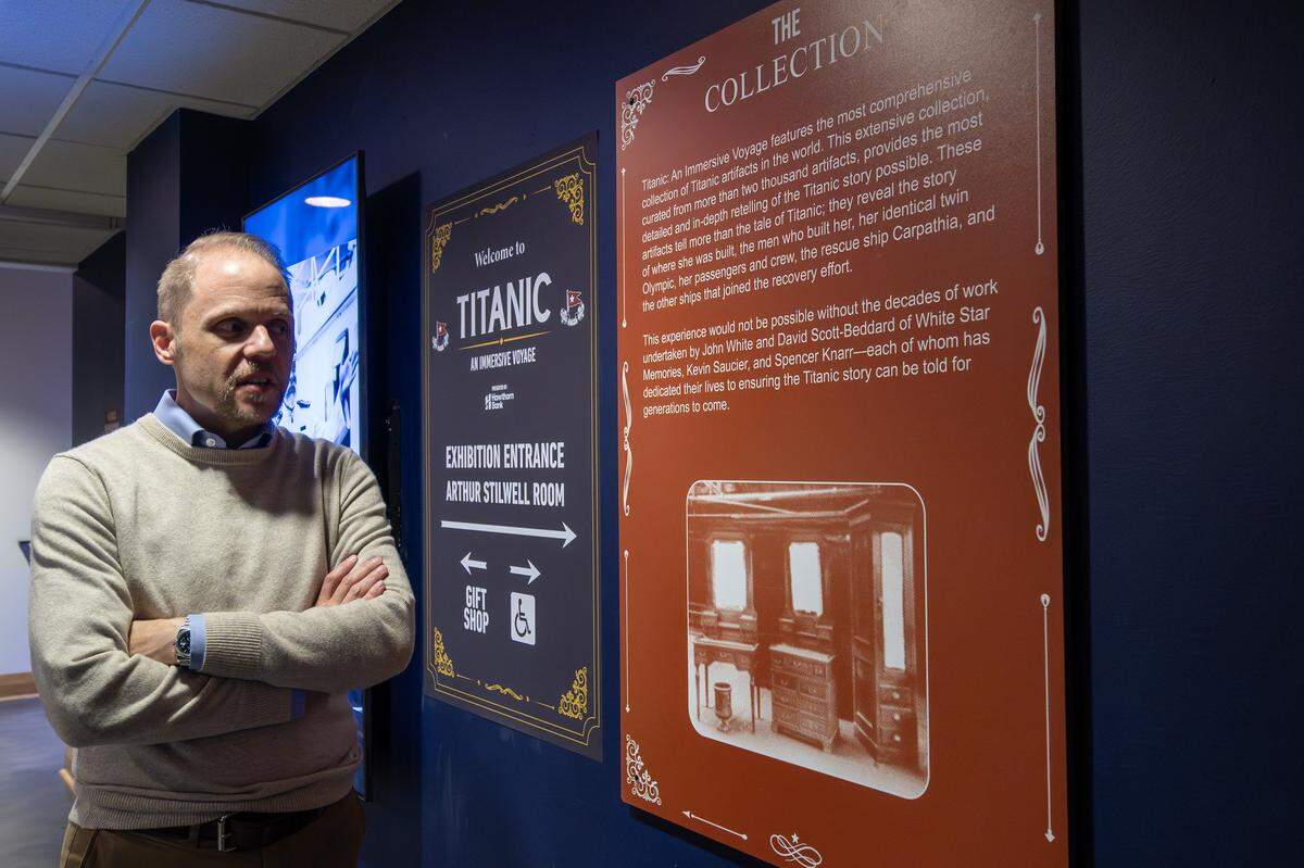 Spencer Knarr, a Titanic collector and historian, discusses his collection, which is part of the Titanic: An Immersive Voyage exhibit at Union Station on Thursday, Nov. 6, 2025, in Kansas City.