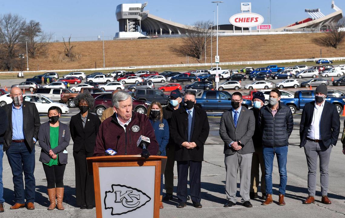 With a mass COVID-19 vaccination taking place in a parking lot behind him, Missouri Gov. Mike Parson spoke to the media Friday morning. About 4,000 doses per day of the Johnson & Johnson vaccine will be administered on both Friday and Saturday at the site.