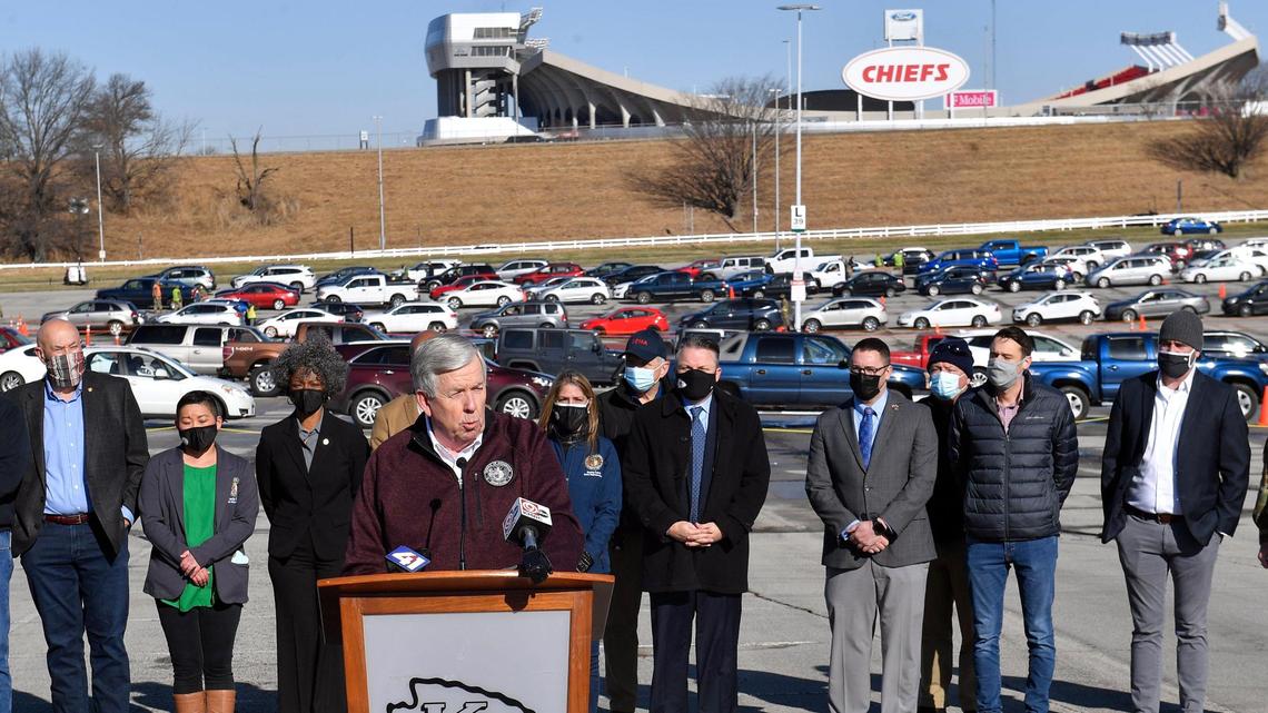 Missouri Gov. Mike Parson spoke to the media Friday morning at the Arrowhead mass vaccination event.