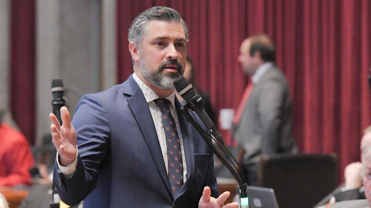 Missouri state Rep. Ben Baker, a Neosho Republican, speaks on the Missouri House floor in 2024. Baker filed legislation that would ban state agencies from spending money on diversity initiatives.