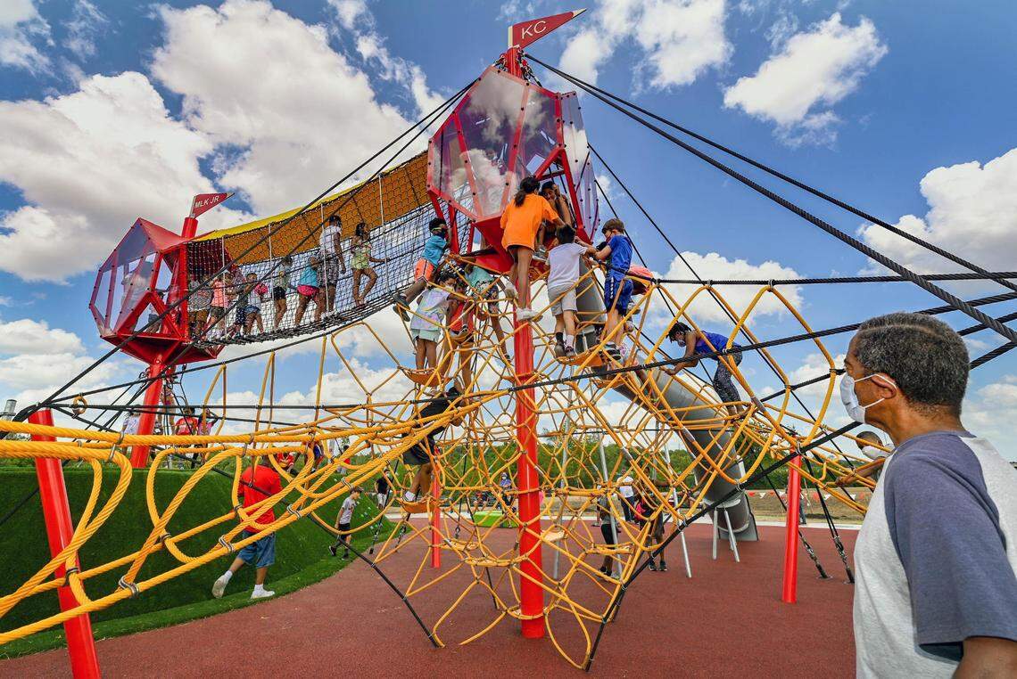 The climbing structure at the 15 and the Mahomies Playground at Martin Luther King, Jr. Park was officially openend on Saturday, Aug. 28, 2021, at Dr. Martin Luther King, Jr. Blvd. & Woodland Ave., in Kansas City. Chiefs quarterback’s Patrick Mahomes foundation, 15 and the Mahomies Foundation donated $1 million to help transform the park making it accessible for children of all abilities.