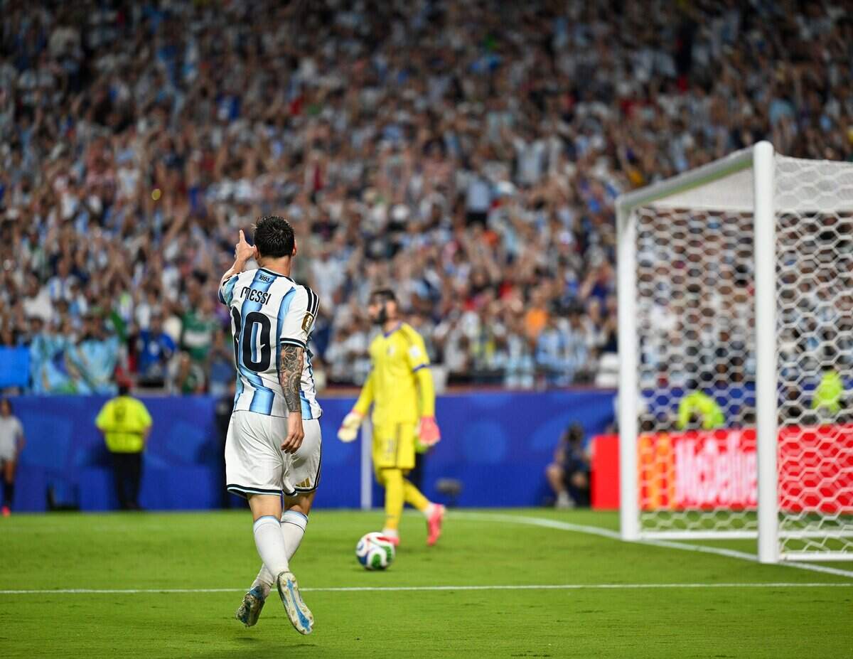 Argentina forward Lionel Messi (10) celebrates after his second goal in the Argentina vs. Algeria FIFA World Cup group-stage soccer match at Kansas City (Arrowhead) Stadium in Kansas City on Tuesday, June 16, 2026.