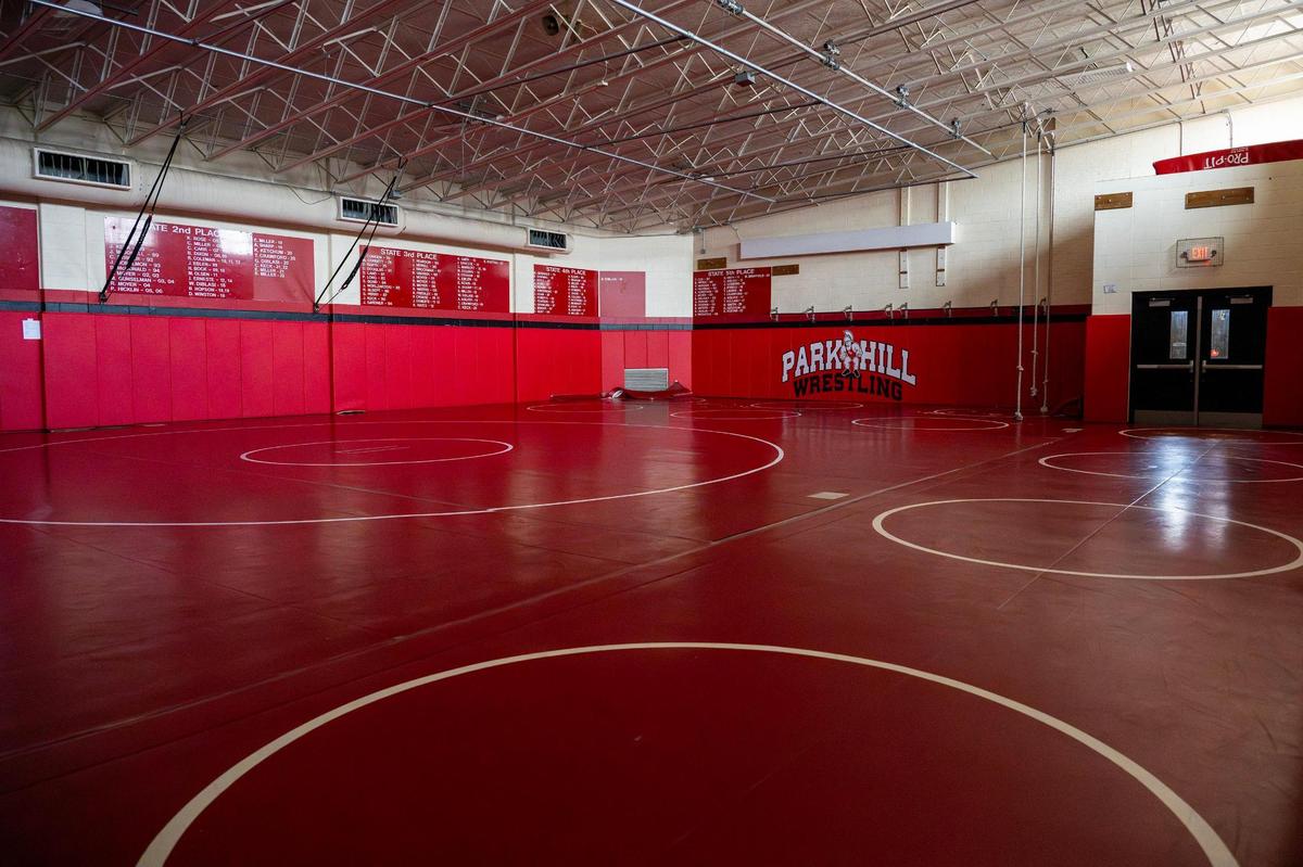 Wrestling mats are seen in a former gym at Park Hill High School on Tuesday, March 18, 2025, in Kansas City.