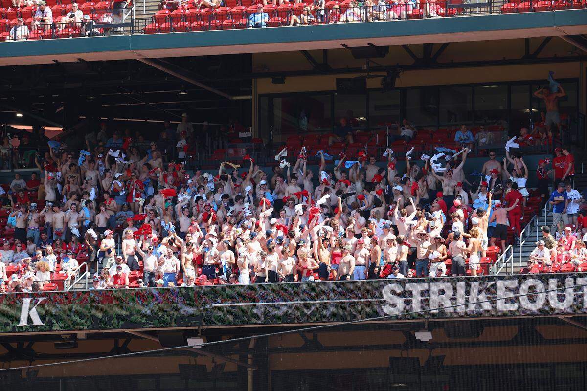 The shirtless fans were back and cheering for the Cardinals in a Sunday, May 17, 2026 Interstate-70 Series game against the Kansas City Royals at Busch Stadium in St. Louis. KC won 2-0.