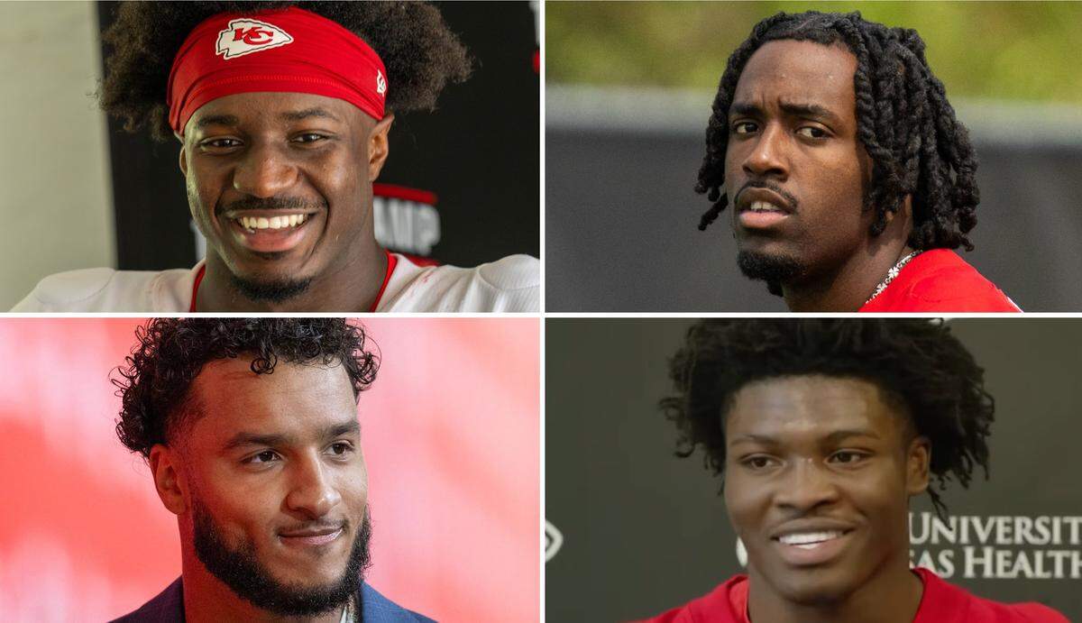 Pictured clockwise from top left are Kansas City Chiefs players Jeffrey Bassa, a linebacker; wide receiver Jalen Royals; running back Brashard Smith; and safety Jaden Hicks.