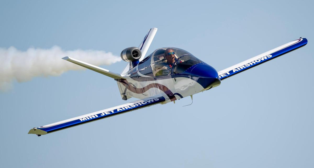 Tom Larkin flies his SubSonex experimental jet during the Garmin KC Air Show on Saturday, Aug. 19, 2023, in New Century, Kan.