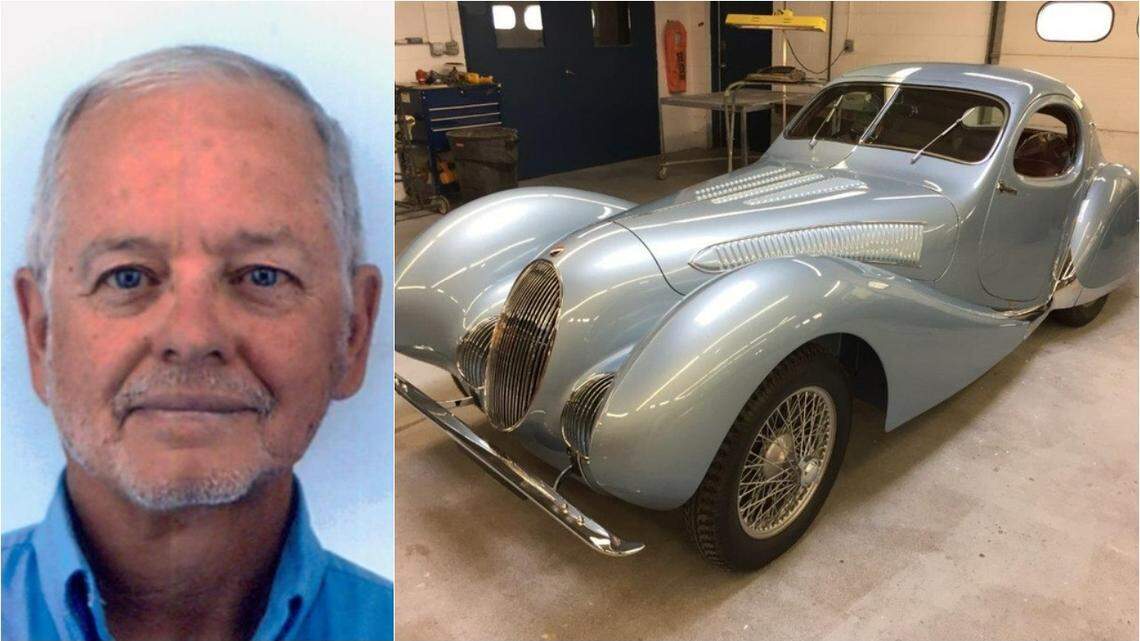 Christopher C. Gardner and the rare 1938 Talbot Lago T150C-SS “Teardrop” Coupe motor vehicle he is accused of stealing from a Wisconsin business and reselling for $7.6 million.