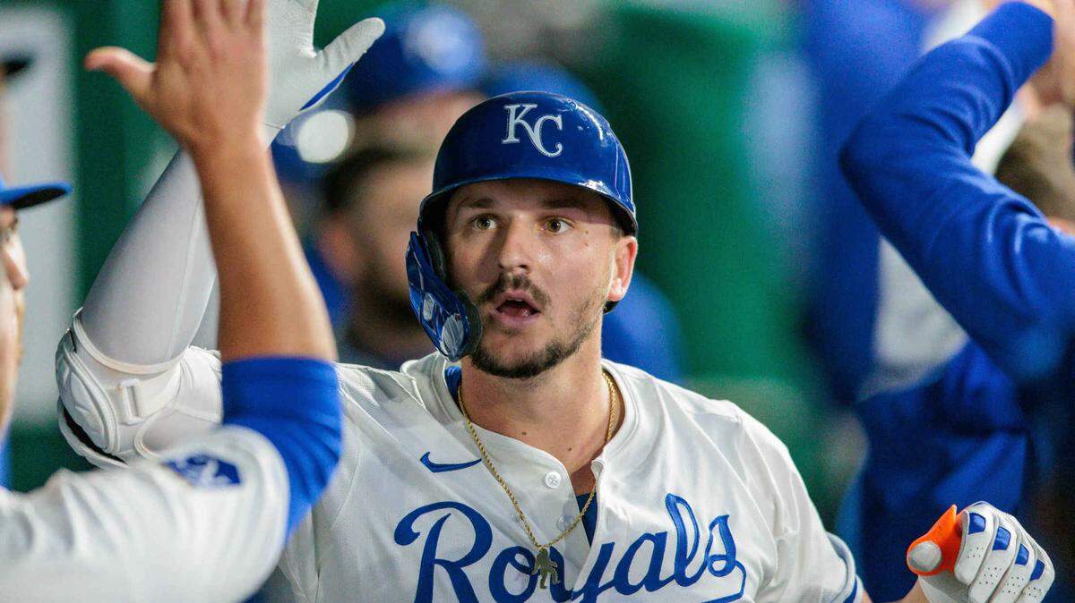 Kansas City Royals first baseman Vinnie Pasquantino (9) celebrates in the dugout during the fourth inning after hitting a home run against the Houston Astros at Kauffman Stadium on April 10, 2024.