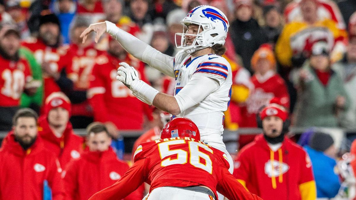 Kansas City Chiefs defensive end George Karlaftis (56) puts pressure on Buffalo Bills quarterback Josh Allen (17) in the second quarter during the AFC Championship Game on Sunday, Jan. 26, 2025, at GEHA Field at Arrowhead Stadium.