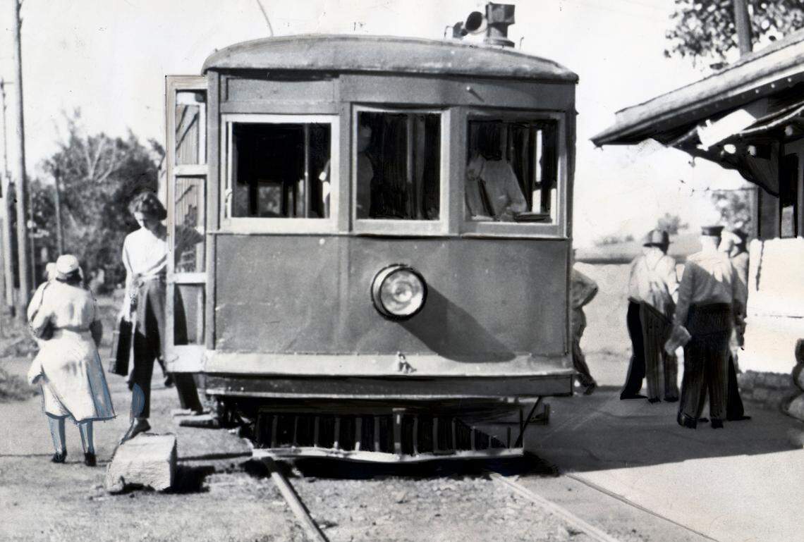 Passengers disembarked from a somewhat battered Strang Line railway car on July 9, 1940, the last day of the line’s operation and of Kansas City’s interurban system.