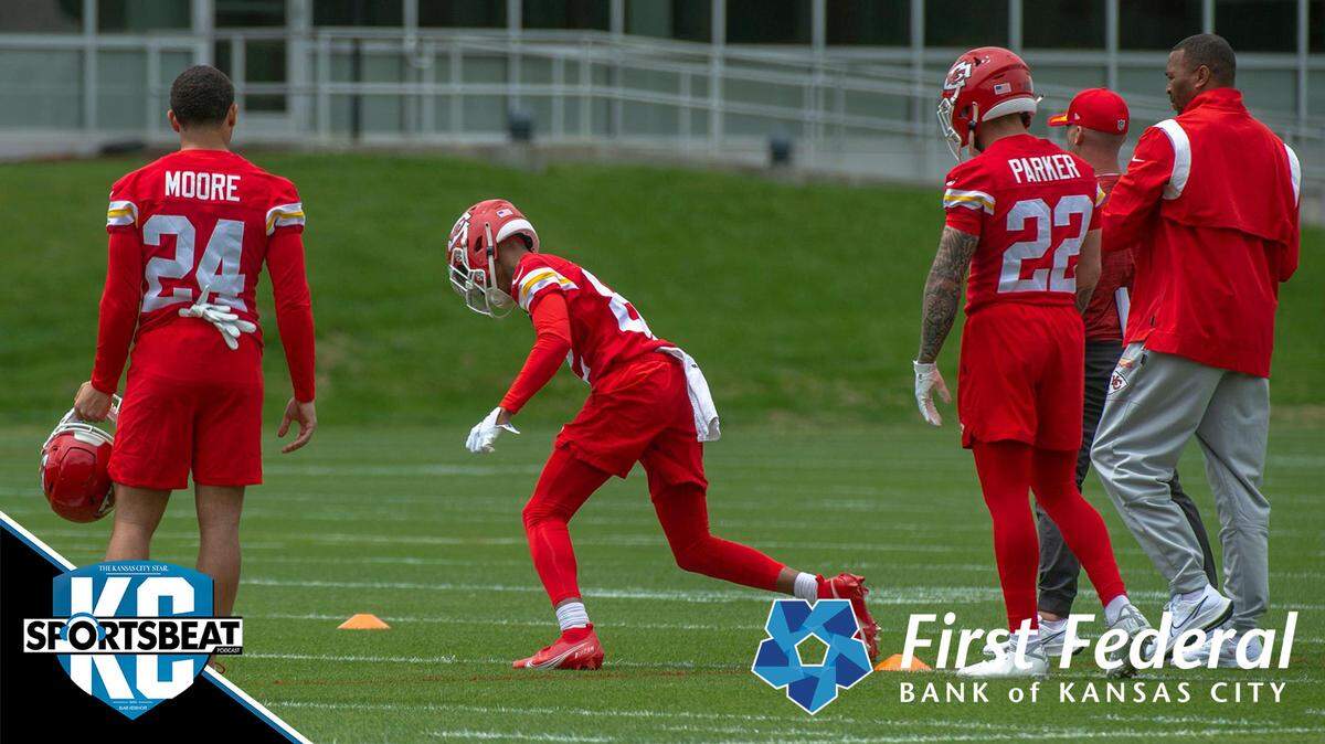 Kansas City Chiefs cornerback Skyy Moore watches teammates run through a drill at the Chiefs’ facility on Sunday’s day two of the team’s three-day rookie minicamp.