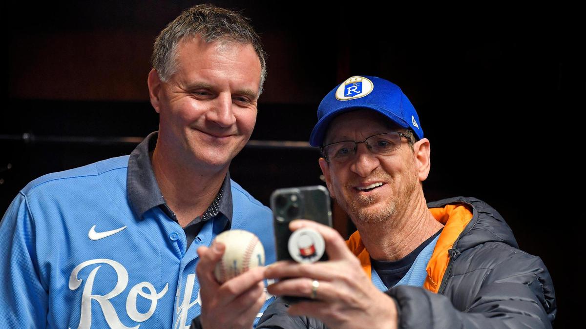 During Saturday’s Royals Rally at Kauffman Stadium on Feb. 4, 2023, manager Matt Quatraro, left, posed for a picture with Tom Ink, of Stilwell, in the team’s clubhouse. The event took the place of Fan Fest and served as a send-off to Spring Training in Arizona.