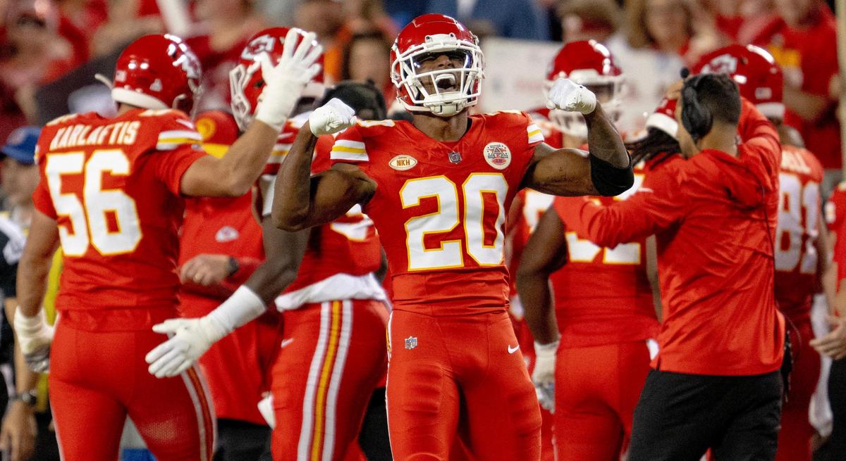 Kansas City Chiefs safety Justin Reid (20) celebrates a fourth-down stop against the Denver Broncos during an NFL football game at GEHA Field at Arrowhead Stadium on Thursday, Oct. 12, 2023, in Kansas City.